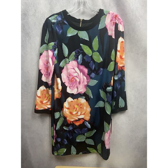 Eliza J Floral Boho 3/4 Sleeve Midi Dress Professional Career Zip Size 8 Petite - Picture 2 of 9